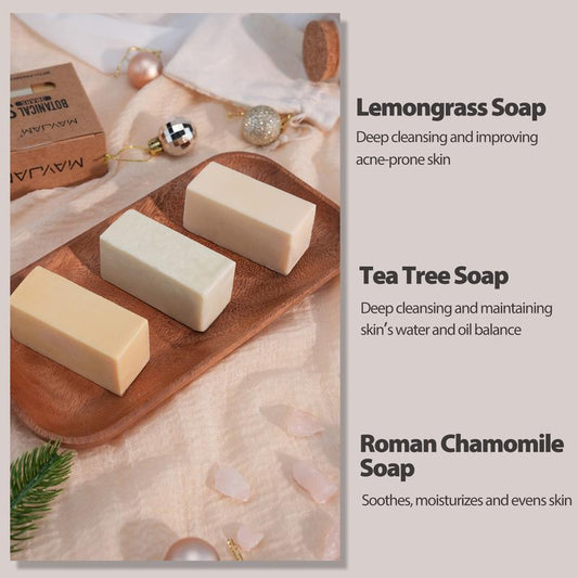 MAYJAM 3.50Z Handmade Natural Soap Bar Set, Tea Tree, Lemongrass, Chamomile, Shea Butter Bath Soap for Moisturizing, Soothing, Cleansing for All Skin